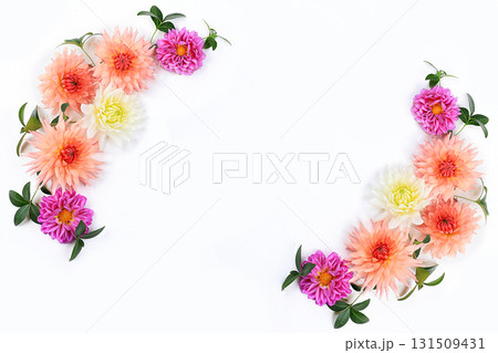 Beautiful dahlia and marigold flowers on a light background, abstract floral arrangement, spring or autumn background with space for text, minimal holiday concept, still life 131509431