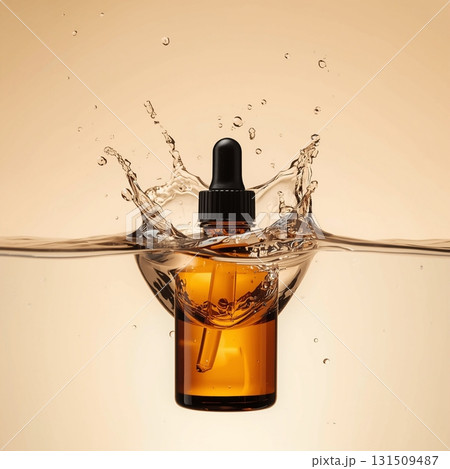 Amber Glass Dropper Bottle Splash in Water for Product Photography 131509487