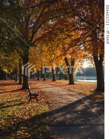 Picturesque Autumn Park Scene with Wooden Bench 131509488