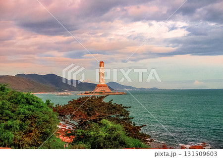 The Guanyin statue on Hainan Island, China. A majestic Buddhist monument by the sea 131509603