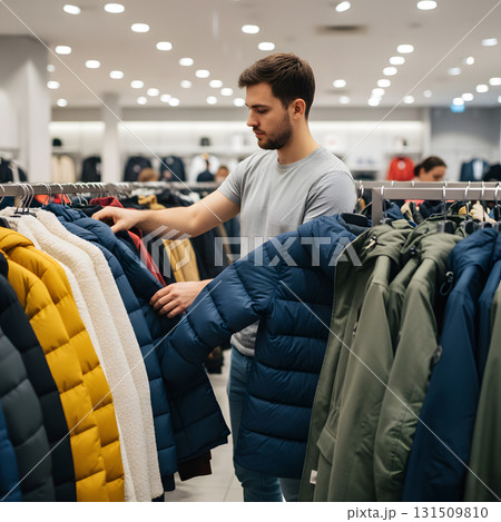 A man shopping for a winter jacket in a store. 131509810