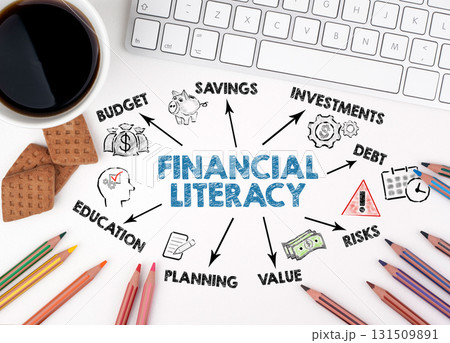 Financial Literacy Concept. Chart with keywords and icons. White office desk 131509891