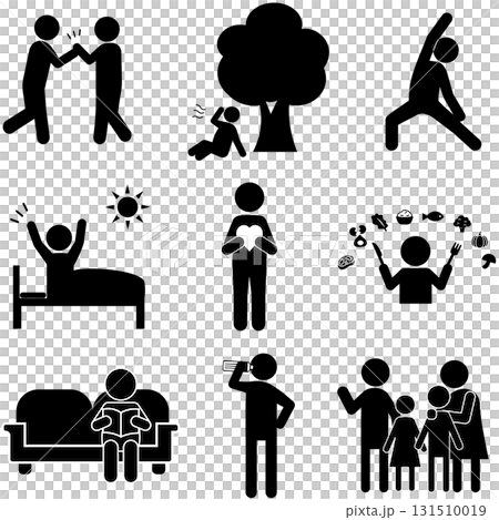 ウェルビーイング　日常生活と健康習慣を表すシルエットアイコンセット 131510019