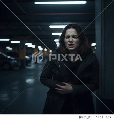 A Woman Suffering from Abdominal Pain in a Dark Parking Garage 131510485