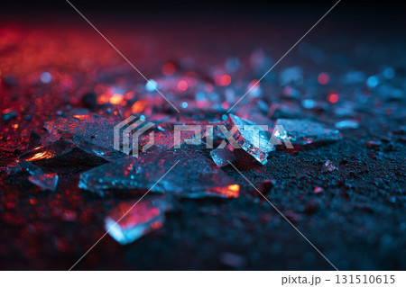 Broken glass fragments scattered on dark ground with dramatic lighting 131510615