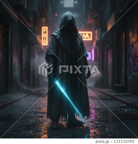 Hooded Figure with a Glowing Sword in a Rainy Alley 131510705