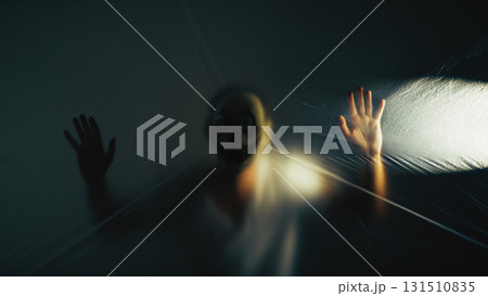 Halloween Monster With Mask Peeks Out From Transparent Curtain The Night 131510835