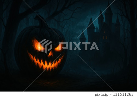 Spooky pumpkin with glowing eyes in front of an eerie castle at night 131511263