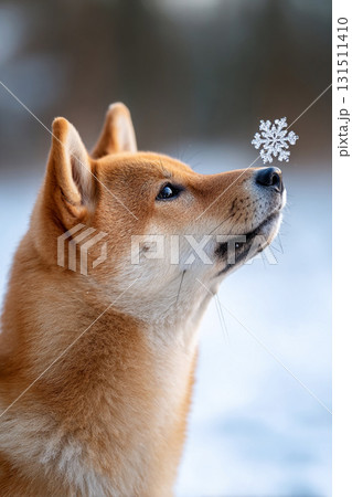 雪の結晶を見つめる柴犬の凛とした横顔 雪の結晶を見つめる柴犬の凛とした横顔 131511410