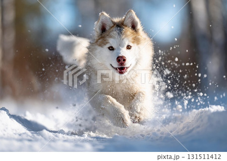 雪を蹴って駆けるシベリアンハスキーの野性的な美しさ 131511412