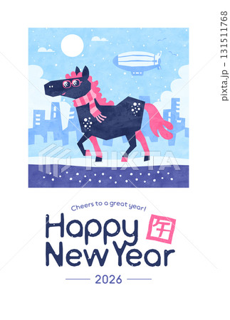 年賀状(午年)2026年 都会のセレブ馬 ポップな水彩風テンプレート 年賀状(午年)2026年 都会のセレブ馬 ポップな水彩風テンプレート 131511768