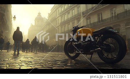 Classic Motorcycle Parked on Cobblestone Street in Foggy Europea Classic Motorcycle Parked on Cobblestone Street in Foggy Europea 131511801