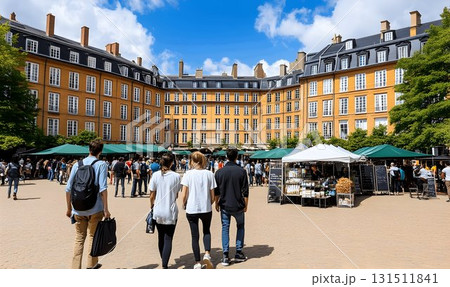 Sunny Day Market in a French Courtyard with Ochre Buildings Sunny Day Market in a French Courtyard with Ochre Buildings 131511841
