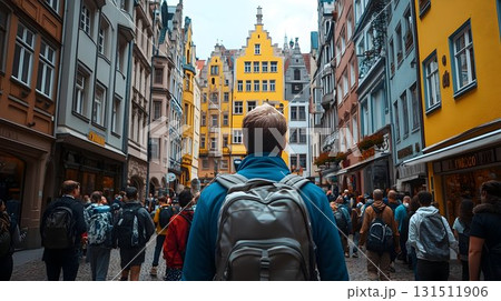 Tourist Explores Colorful European Street, Backpack View, Bright 131511906