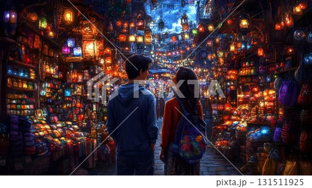 Couple Gazing at Illuminated Lanterns in a Magical, Colorful Mar 131511925