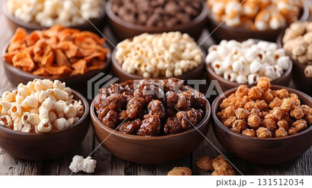 Assorted Popcorn Varieties in Wooden Bowls on Rustic Wood Surfac 131512034