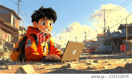 Smiling boy using laptop outdoors bright sunlight digital illustration 131512078
