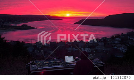 Coastal sunset landscape with person working on laptop 131512079