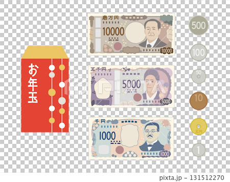 お年玉のポチ袋とお金のイラストのセット　新札バージョン 131512270