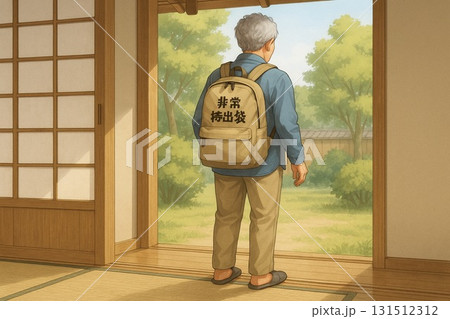 避難リュックを背負う日本人高齢者 避難リュックを背負う日本人高齢者 131512312