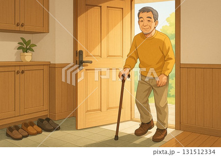 杖を手に玄関を出る日本人男性 131512334