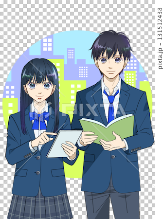 Anime-style illustration of male and female high school or junior high school students holding tablets and books, round cityscape background, white background Anime-style illustration of male and female high school or junior high school students holding tablets and books, round cityscape background, white background 131512438