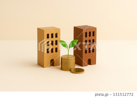M&Aと安心感の成長イメージ|木製ビルとコインと若葉 ベージュ背景 M&Aと安心感の成長イメージ|木製ビルとコインと若葉 ベージュ背景 131512772
