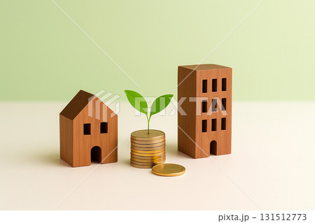 サステナブルな金融成長イメージ｜木製の家とビルとコインと若葉 131512773