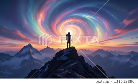 光の渦を見上げる登山家のシルエット 131512890