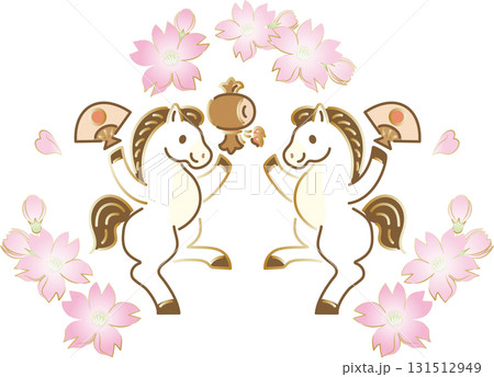 年賀2026　2026年・午年　かわいい双子の馬と桜の花　年賀状素材 131512949