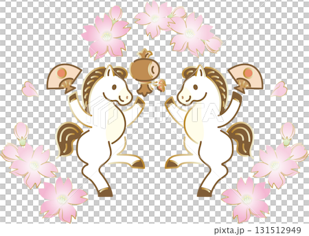 年賀2026　2026年・午年　かわいい双子の馬と桜の花　年賀状素材 131512949