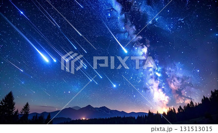 流れ星や流星群が流れる満天の星空  3DCGイラスト 131513015