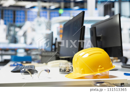 PC display running live metrics in renewable energy high tech facility, tracking solar panel assembly progress. Monitoring photovoltaics factory engineering workspace to ensure seamless production. 131513365
