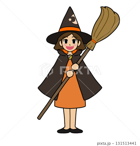ハロウィン用／オレンジ色の華やかな魔女衣装を着た魔法使いの女の子（魔女の仮装）【主線あり】 131513441
