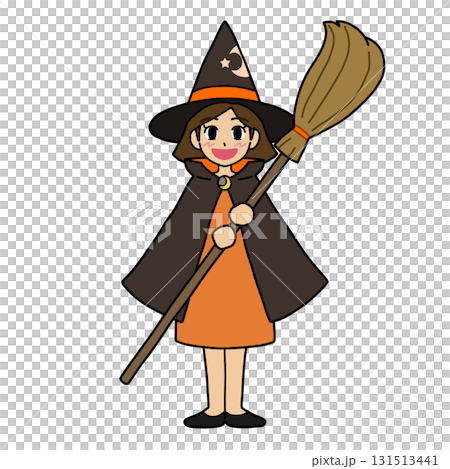 ハロウィン用／オレンジ色の華やかな魔女衣装を着た魔法使いの女の子（魔女の仮装）【主線あり】 131513441