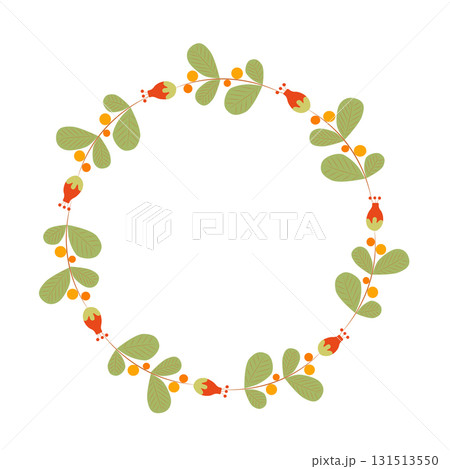 A spring wreath frame with green leaves and orange berries. A round postcard template with vintage elements 131513550