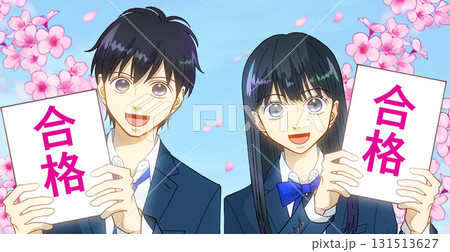 桜と青空、合格に喜ぶ高校生または中学生の男女のアニメ風イラスト 桜と青空、合格に喜ぶ高校生または中学生の男女のアニメ風イラスト 131513627