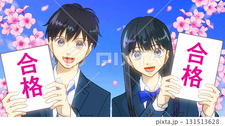 桜と青空、合格に喜ぶ高校生または中学生の男女のアニメ風イラスト 131513628