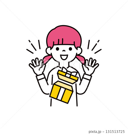 プレゼントに大喜びする、保育園児・小学生の女の子のシンプルな上半身ベクターイラスト素材 131513725
