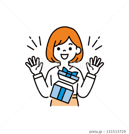 ギフトが当たって大喜びする、若い女性のシンプルなベクターイラスト素材 131513729
