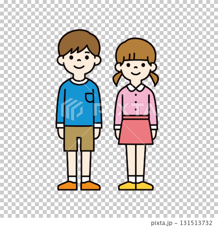 簡單的全身向量插圖,描繪了微笑的幼兒園和小學男孩和女孩 簡單的全身向量插圖,描繪了微笑的幼兒園和小學男孩和女孩 131513732