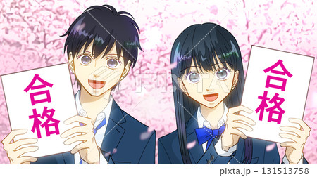 桜と花びら、合格に喜ぶ高校生または中学生の男女のアニメ風イラスト 131513758