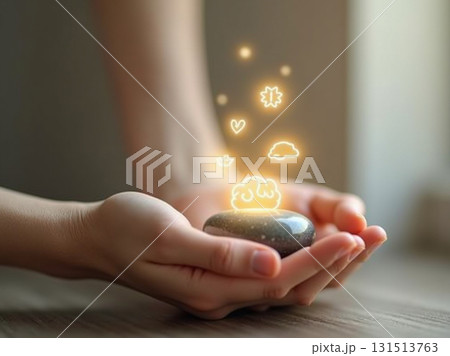 Hands Cradling a Smooth Meditation Stone with a Glowing Brain Icon and Abstract Symbols Rising Above, Representing Mental Health. 131513763