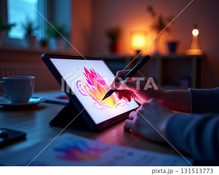 Digital artist sketching a vibrant, fiery abstract flame on a portable tablet screen at night, surrounded by moody blue and orange light. 131513773