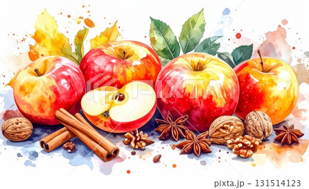 秋の味覚：リンゴとシナモン、胡桃の水彩イラスト 131514123