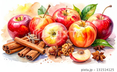 秋の味覚：リンゴとシナモン、胡桃の水彩イラスト 131514125