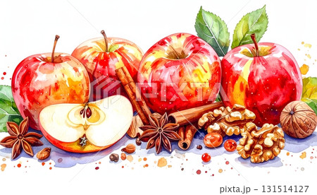 秋の味覚:リンゴとシナモン、胡桃の水彩イラスト 秋の味覚:リンゴとシナモン、胡桃の水彩イラスト 131514127