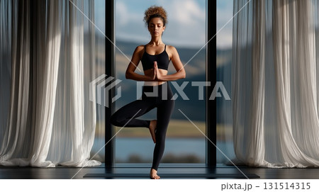 Woman in tree pose with hands in anjali mudra and eyes closed, practicing mindful yoga in a bright studio by the lake, embodying balance, calm and inner peace 131514315