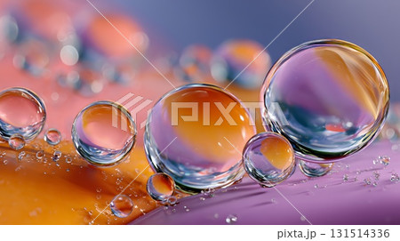 Colorful soap bubbles clustering on iridescent surface, reflecting light with vibrant geometric patterns and shimmering translucent details 131514336