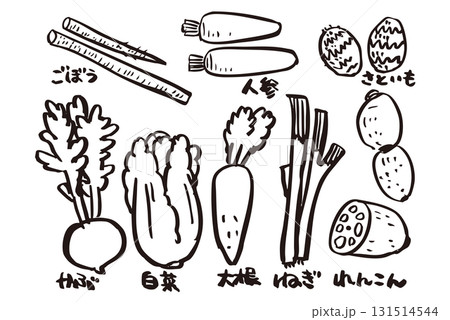 「かぶ」「白菜」「大根」「ねぎ」「れんこん」「里芋」「にんじん」「ごぼう」のイラスト 131514544
